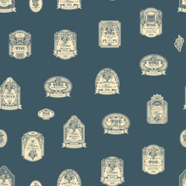 Gri bir zeminde, barok tarzında süslenmiş el yapımı şarap etiketleriyle kusursuz bir desen. Şarap temasındaki vintage vektör arka planı tekrarlanıyor. Duvar kağıdı, ambalaj kağıdı, kumaş için uygun