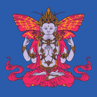 Mavi arka planda Krishna 'nın el yazısıyla çizdiği pankart. Lotus pozisyonunda meditasyon yapan kelebek kanatlı bir Krishna 'nın dekoratif vektör çizimi. Krishnaism dininde Yüce Tanrı