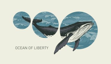 Büyük balinalı el yapımı pankart ve deniz dalgalı daireler. Seyahat, macera ve keşif teması üzerine vektör illüstrasyonuName of Freedom hafif arkaplanda