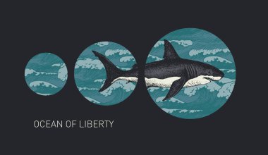 Büyük bir köpekbalığıyla el yapımı afiş ve siyah arka planda deniz dalgaları olan daireler. Seyahat, macera ve keşfin teması üzerine vektör illüstrasyonuName