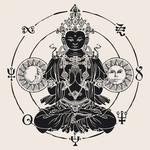 Banner Met Een Zittende Boeddha Mediterend Lotuspositie Vector Illustratie Van — Stockvector