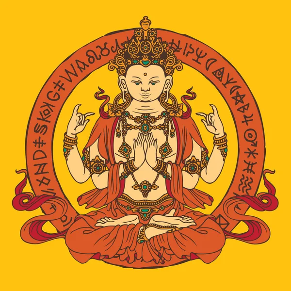 Banner Con Buda Dibujado Mano Meditando Pose Loto Ilustración Vectorial — Archivo Imágenes Vectoriales