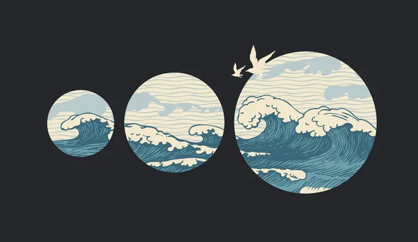 Decorative Illustration Hand Drawn Sea Waves Circles Flying Seagulls Black — Stock Vector