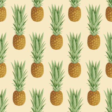 Arkaplanda olgun ananas meyveleri olan kusursuz bir desen. Tatlı tropik meyve vektörü arka planı, duvar kağıdı, ambalaj kağıdı, kumaş, tekstil, yaz tasarımı için uygun.
