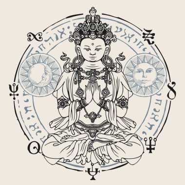 Nilüfer pozisyonunda meditasyon yapan bir Buda ile pankart. Budist sembollü bir çemberin içinde el çizimi Buda, Güneş ve Ay 'ın dekoratif çizimi. Uyandım ve aydınlandım.