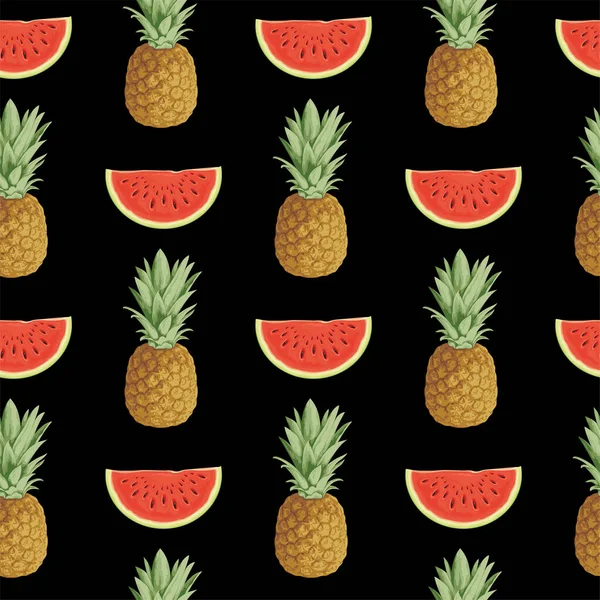 Seamless pattern with whole pineapples and juicy watermelon slices on a black backdrop. Summer vector background with sweet pineapple and watermelon. Wallpaper, wrapping paper, fabric, fruit design