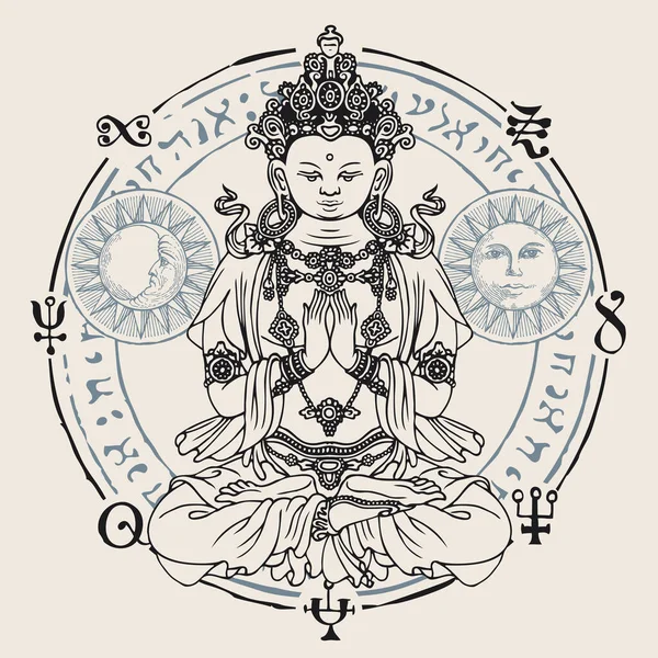 Banner Con Buda Sentado Meditando Posición Loto Ilustración Vectorial Decorativa — Archivo Imágenes Vectoriales