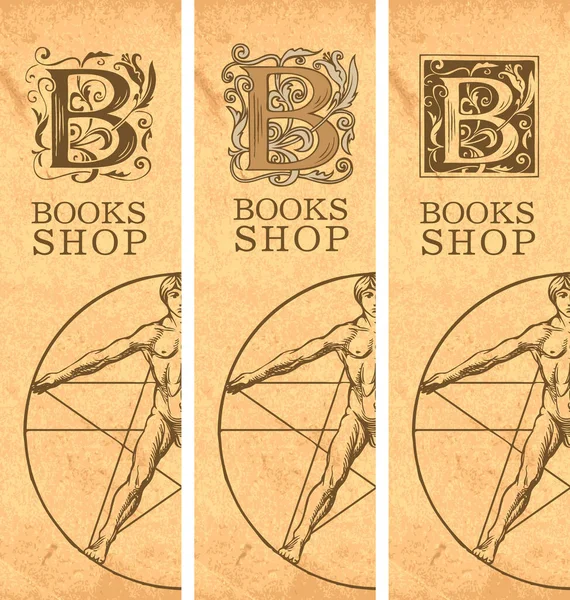 Ensemble Trois Bannières Vectorielles Pour Librairie Avec Lettre Initiale Inscription — Image vectorielle