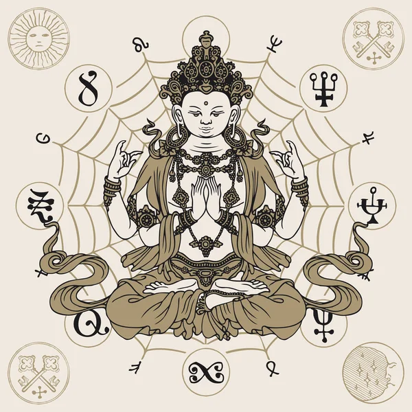 Banner Sitting Buddha Meditating Lotus Position Hand Drawn Vector Illustration — Stock Vector