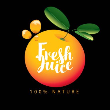 Olgun portakal, yeşil yapraklar, meyve suyu damlaları ve kaligrafik bir yazı içeren vektör pankartı veya etiketi siyah arkaplanda taze meyve suyu