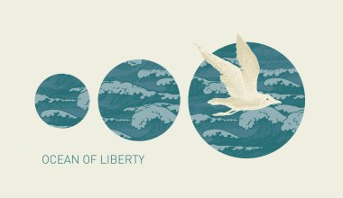 Uçan bir martının el çizimi ve ışık arka planında deniz dalgaları olan daireler. Seyahat, macera ve keşif temasında özgürlük okyanusu kelimeleriyle geçmişe dönük pankart