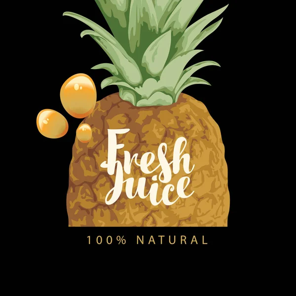 Vector Banner Label Ripe Sweet Pineapple Green Leaves Yellow Juice — Stock Vector