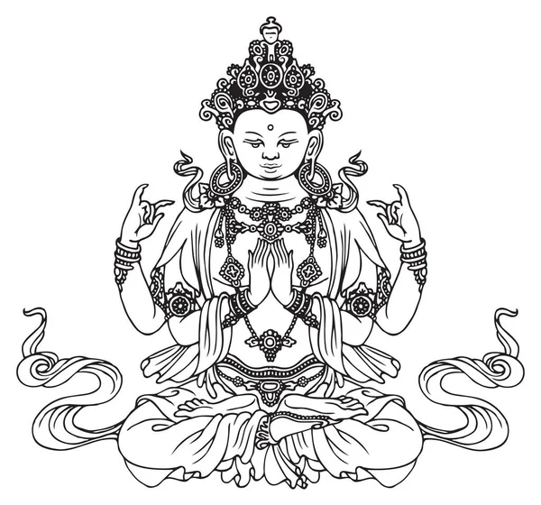 手工绘制的佛像Shakyamuni 四臂佛教或印度教神 荷花中静坐的高塔佛像的矢量图解 被唤醒 被启发 背景为明亮的黑色绘图 — 图库矢量图片