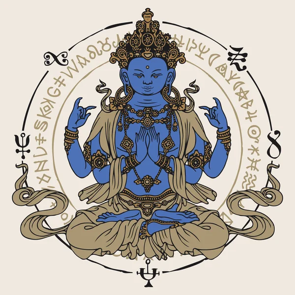 Çizimi Krishna Nın Lotus Pozisyonunda Meditasyon Yaptığı Pankart Eski Tarz — Stok Vektör