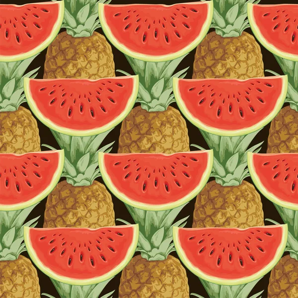 Seamless pattern with juicy watermelon slices and pineapple fruit on a black backdrop. Summer vector background with sweet watermelon chunks and pineapples. Wallpaper, wrapping paper, fabric