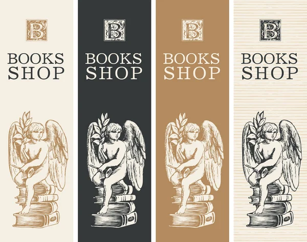 Sada Bannerů Pro Knihkupectví Počátečním Písmenem Nápisem Ručně Kresleným Andělem — Stockový vektor