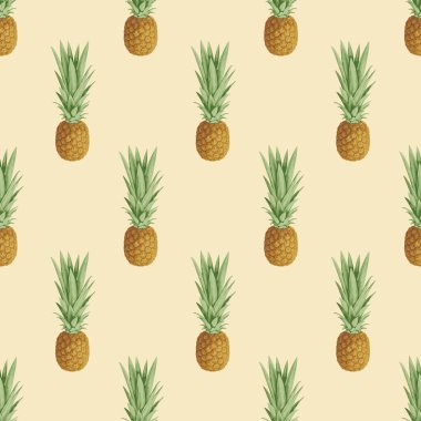 Arkaplanda olgun ananas meyveleri olan kusursuz bir desen. Yaz tropikal arka plan, tatlı ananaslar, duvar kağıdı, ambalaj kağıdı, kumaş, tekstil, meyve tasarımı için uygun
