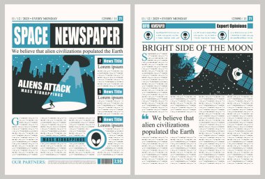 Okunamaz metni, manşetleri ve dünya dışı medeniyetler hakkında illüstrasyonları olan bir uzay gazetesi. UFO istilası ve uzaylı saldırısı konulu bir gazete düzeni için vektör şablonu