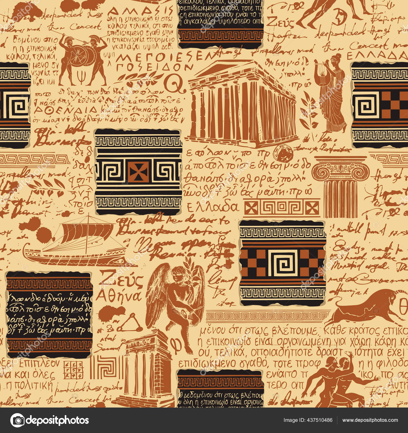 Padrão Sem Costura Sobre Tema Grécia Antiga Fundo Vetorial Com Vetor de  ©paseven 437510486, image size:1600x1700
