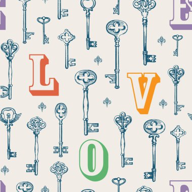 El yapımı vintage anahtarlar ve renkli büyük harflerle aşk temasında pürüzsüz şablon. Retro tarzda L O V E yaratıcı vektör arka planı, duvar kağıdı, ambalaj kağıdı, kumaş için uygun.