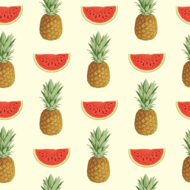 Kusursuz bir desen, ananas meyvesi ve arka planda sulu karpuz dilimleri. Tatlı karpuz parçaları ve ananas içeren yaz vektör arkaplanı. Duvar kağıdı, ambalaj kağıdı, kumaş