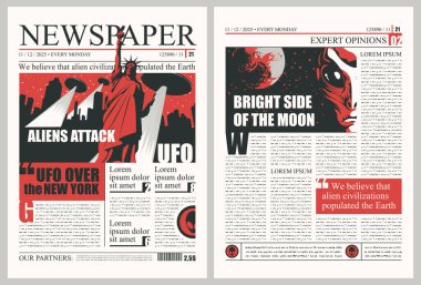 Dünya dışı medeniyetler, uzaylılar hakkında okunamayan metinler, manşetler ve illüstrasyonlar içeren gazete sütunları. ABD 'de UFO' ların teması üzerine bir gazete düzeni için vektör şablonu