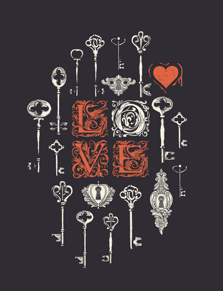 Векторная поздравительная открытка или баннер на тему любви и дня Святого Валентина с нарисованными вручную винтажными ключами, замочками и украшенными начальными буквами L O V E на черном фоне в стиле ретро. Ключи от сердца
