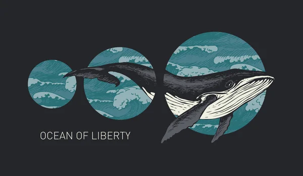 Handgetekende Illustratie Van Een Grote Walvis Cirkels Met Zeegolven Vector — Stockvector