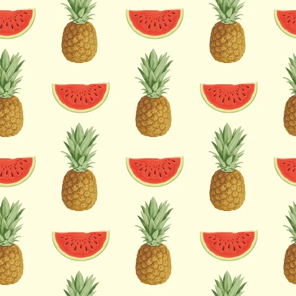 Motif Sans Couture Avec Des Ananas Entiers Des Tranches Pastèque — Image vectorielle