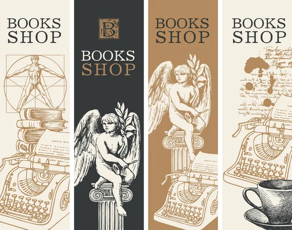 Set Cuatro Banners Para Librería Estilo Retro Ilustraciones Vectoriales Con — Vector de stock