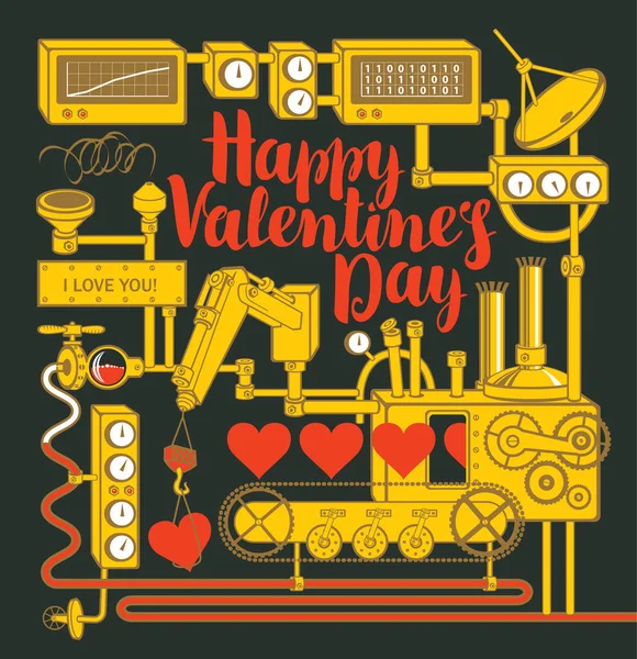 Valentine Banner Κάρτα Κόκκινες Καρδιές Μεταφορέας Αγάπη Εργαστήριο Βιομηχανικό Εξοπλισμό — Διανυσματικό Αρχείο