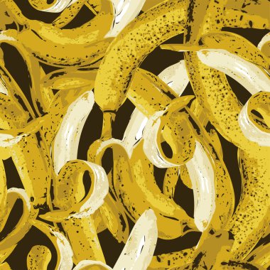 Koyu bir zeminde soyulmuş muzlarla kusursuz bir desen. Olgun muzlu tropik meyve vektörü arka planı duvar kağıdı, kumaş ve yaz tasarımı için uygun.