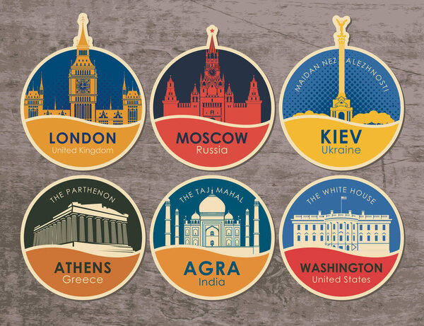 Set of stickers with the sights of the capitals of various countries. Vector illustration on the theme of travel with round emblems on a wooden background. UK, Russia, Ukraine, Greece, India, USA