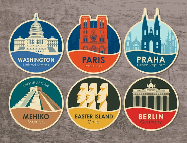 Set Stickers Sights Capitals Various Countries Vector Illustration Travel Theme — Stock Vector
