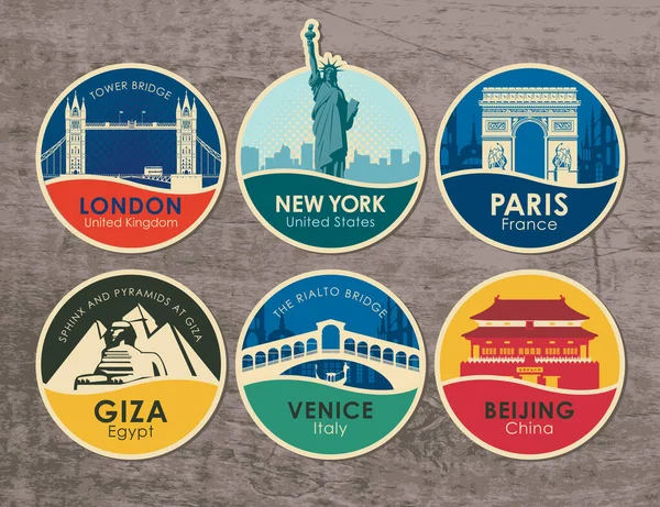 Conjunto Pegatinas Con Las Vistas Las Capitales Varios Países Ilustración — Vector de stock