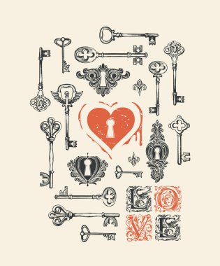 Aşk ve Sevgililer Günü temalı vektör tebrik kartı veya pankart, el yapımı vintage anahtarlar, L O V E harfleri ve geçmişe dönük anahtar deliğiyle kırmızı kalp. Kalbin anahtarı..