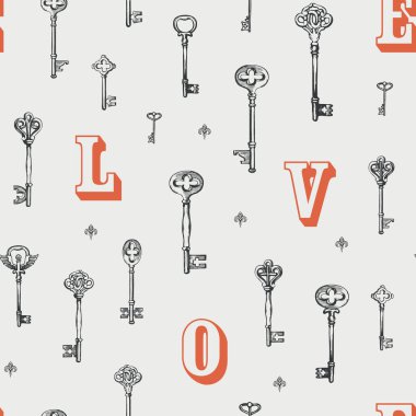 El yapımı vintage anahtarlar ve kırmızı büyük harfli L O V E soyut vektör arka planı ile aşk temasında pürüzsüz desen. Duvar kağıdı, ambalaj kağıdı, kumaş için uygun.