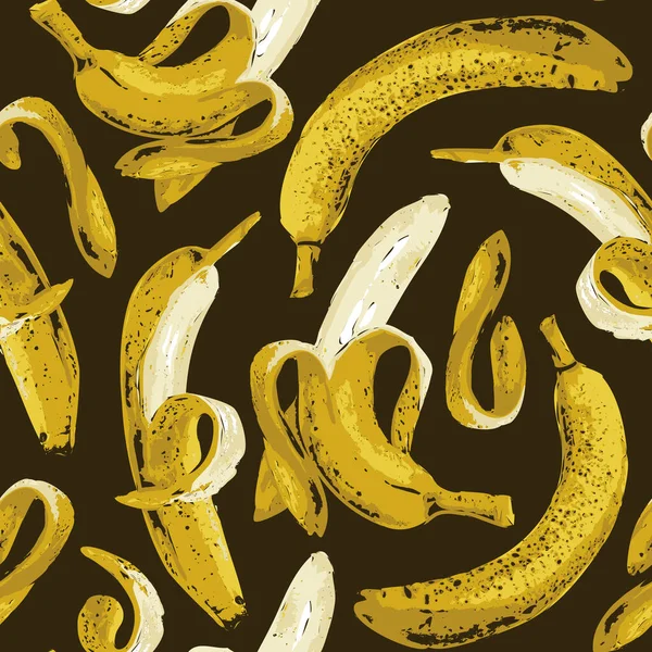濃い背景に熟したバナナとシームレスなパターン 包装紙 夏のデザインに適した全体と半分皮をむいたバナナと甘いトロピカルフルーツベクトルの背景 — ストックベクタ
