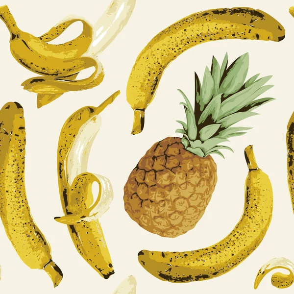 薄い背景に熟したバナナとパイナップルとシームレスなパターン 包装紙 夏のデザインに適した全体と半分皮をむいたバナナの果物ベクトルの背景 — ストックベクタ