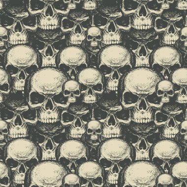 Bir sürü insan kafatasında kusursuz desen. Elle çizilmiş kafataslarıyla vektör arkaplanı tekrarlanıyor. Giysiler için grafiksel baskı, Cadılar Bayramı için tasarım öğesi, kumaş, duvar kağıdı, ambalaj kağıdı