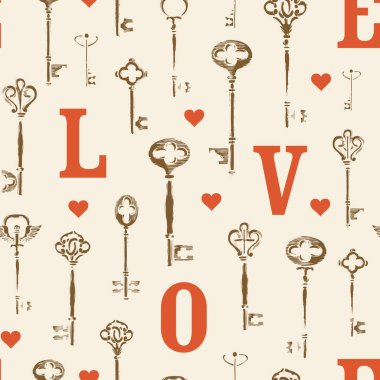 Aşk temasındaki kusursuz desen kırmızı büyük harflerle L O V E, küçük kalpler ve kahverengi vintage anahtarlar. Grunge biçiminde elle çizilmiş vektör arkaplanı, Duvar kağıdı, ambalaj kağıdı, kumaş için uygun
