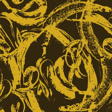 Sarı fırça darbeleri, lekeler ve grunge tarzında koyu kahverengi arkaplan üzerine sıçrayan soyut, pürüzsüz desenler. Tekrarlayan arkaplan, tekstil, duvar kağıdı, ambalaj kağıdı için grafik yazdırma