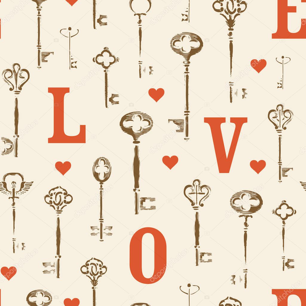 Seamless pattern on the love theme with red capital letters L O V E, little hearts and brown vintage keys. Hand-drawn vector background in grunge style, suitable for Wallpaper, wrapping paper, fabric