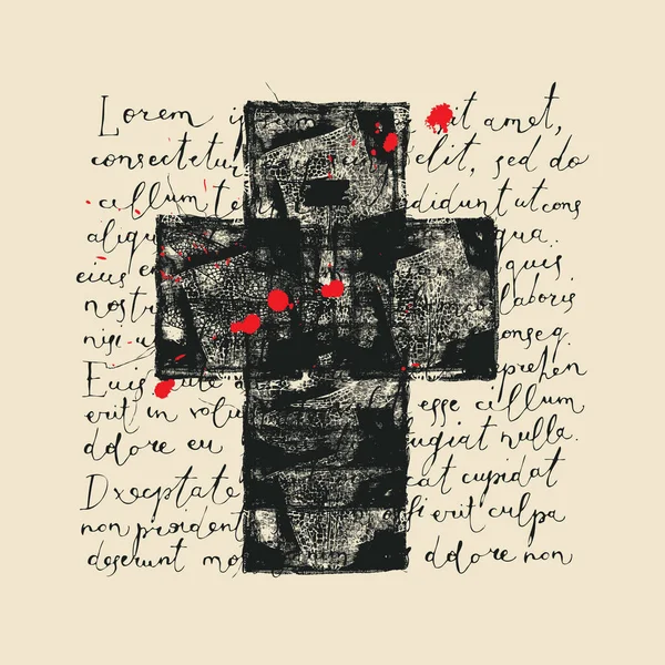 Cruz Negra Abstracta Con Gotas Rojas Texto Manuscrito Lorem Ipsum — Vector de stock