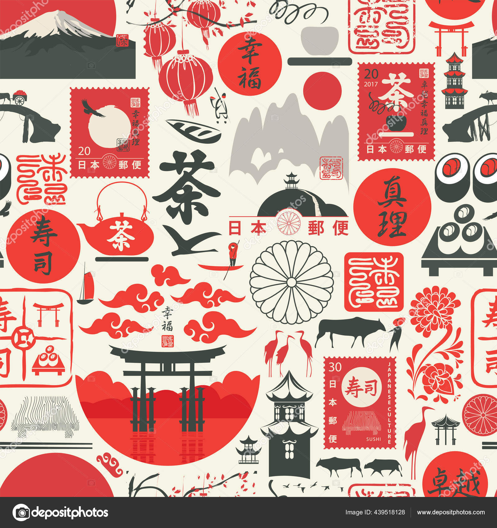 Padrão Sem Costura Sobre Tema Japão Com Hieróglifos Japoneses Sushi Vetor  de stock de ©paseven 439518128, image size:1600x1700