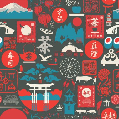 Japon hiyeroglifleri Japon postası, suşi, çay, mükemmeliyet, mutluluk ve hakikat temalı kusursuz desen. Dekoratif yinelenebilir vektör arkaplanı, duvar kağıdı, ambalaj kağıdı, kumaş