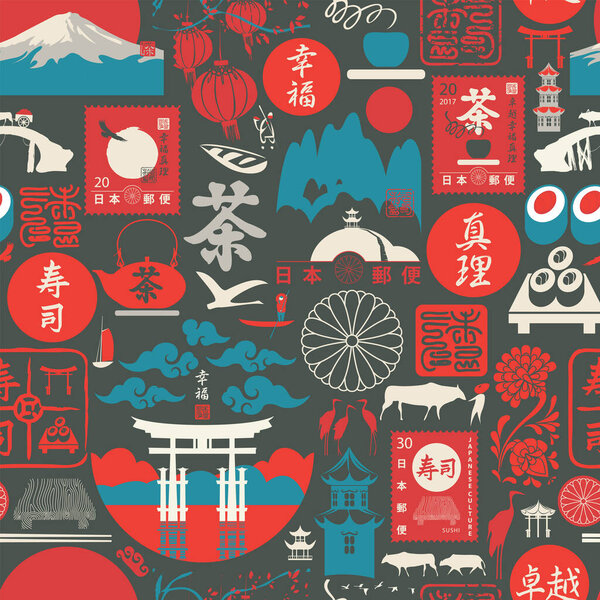 Seamless pattern on the theme of Japan with Japanese hieroglyphs Japan Post, Sushi, Tea, Perfection, Happiness, Truth. Decorative repeatable vector background, wallpaper, wrapping paper, fabric