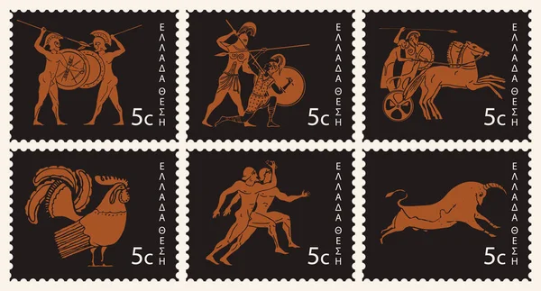 古代ギリシャ文化と黒とオレンジの色でアンティークアートをテーマにした切手のセット ギリシャ語の碑文と切手のベクトルコレクション Post — ストックベクタ