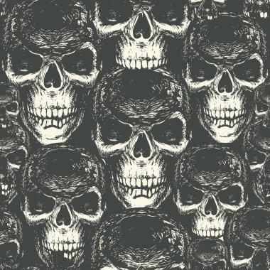 Elle çizilmiş uğursuz insan kafataslarıyla kusursuz bir desen. Korkunç kafatasları olan karanlık vektör arkaplan. Giysiler, kumaş, duvar kağıdı, ambalaj kağıdı, Cadılar Bayramı partisi için tasarım ögesi