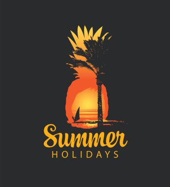 Yaz tatilleri ve palmiye ağaçlarının siluetleri ve gün batımında sörfçü ya da gün doğumunda siyah bir arka plan. Vektör seyahat afişi, el ilanı, davetiye, kart, tişört tasarımı